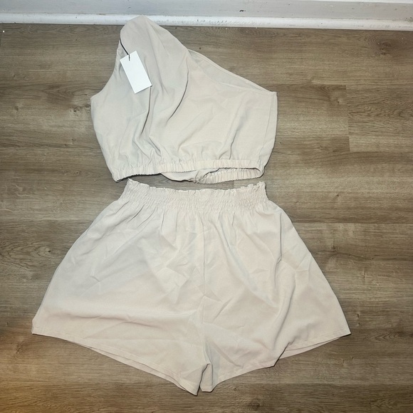 Tops - Beige One-Shoulder Top and Shorts Set